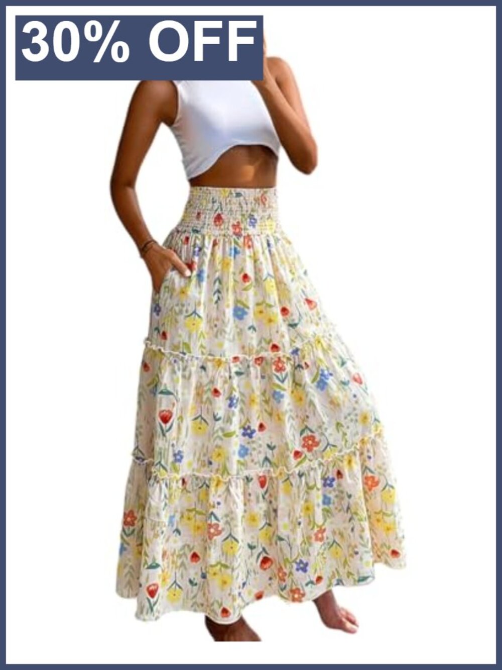 Womens Boho Floral Viscose Maxi Skirt Smocked A-Line Pockets Vacation